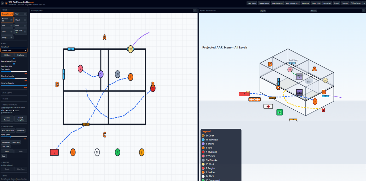 AAR Scene Builder — 2D sketch panel on the left, projected 3D isometric view on the right