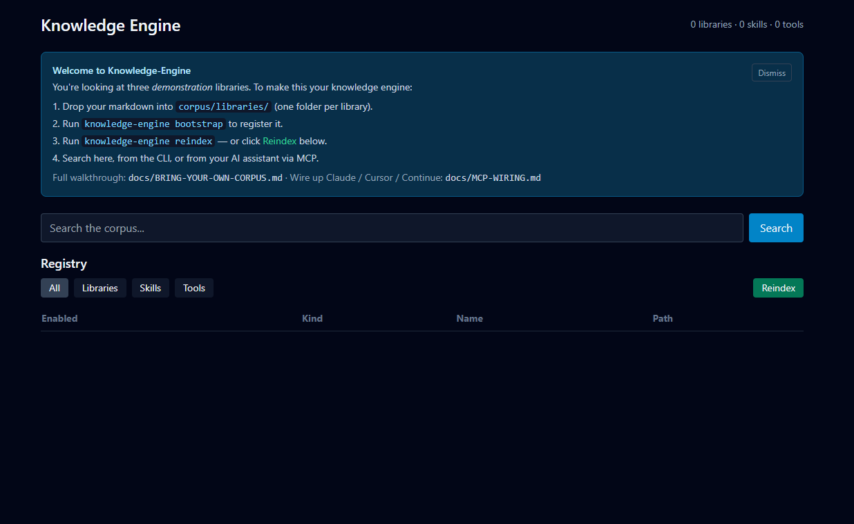 Knowledge-Engine &mdash; dark dashboard UI with full-text search bar and registry for libraries, skills, and tools